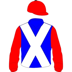 Blue, white crossed sashes, red sleeves and cap