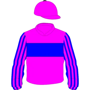 Dayglo pink, royal blue hoop, striped sleeves, dayglo pink cap