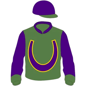 Grass green, indigo horseshoe, gold trim, indigo collar, sleeves and cap, grass green cuffs and peak
